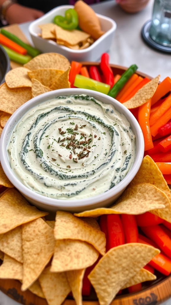 Creamy spinach dip served with fresh veggies and tortilla chips on a rustic platter.